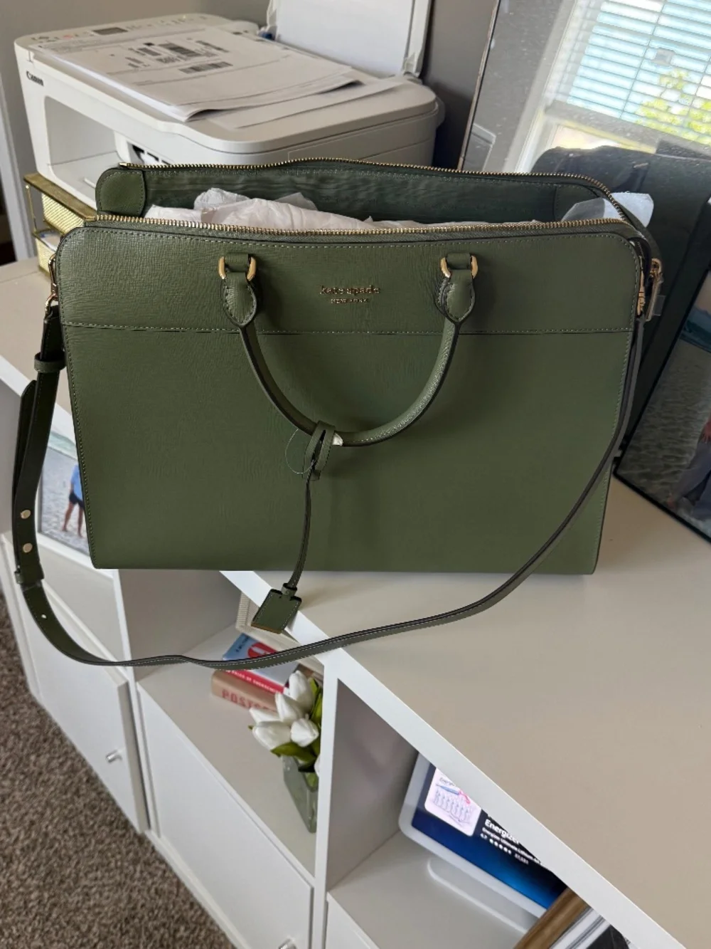 Kate Spade New York Morgan Laptop Bag | Olive Green | Saffiano Leather
